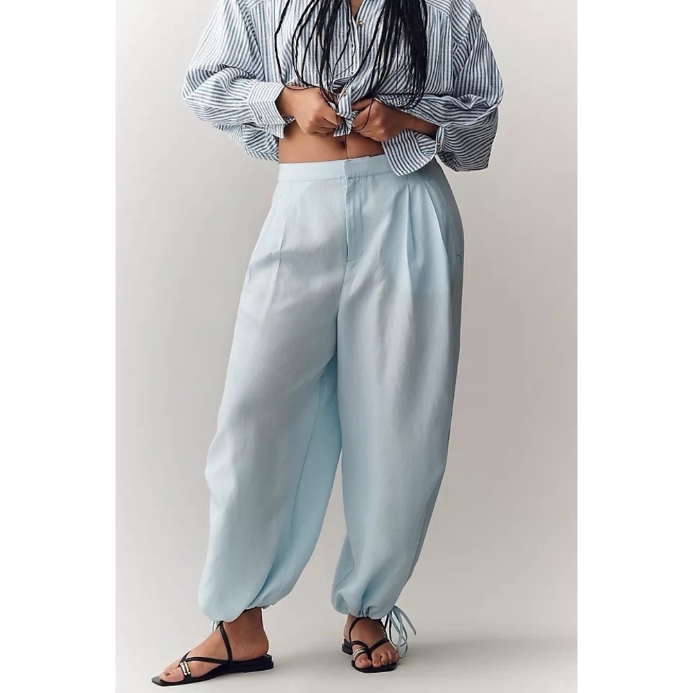 Anthropologie Garden Balloon Trousers Blue Linen Blend Size 14 4123609130186 NWT